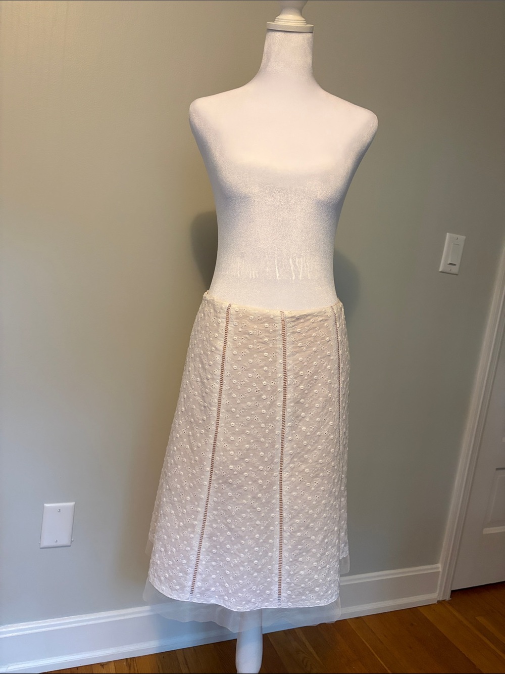 CLIO, A-Line, White Eyelet Midi Skirt with Tan Lining